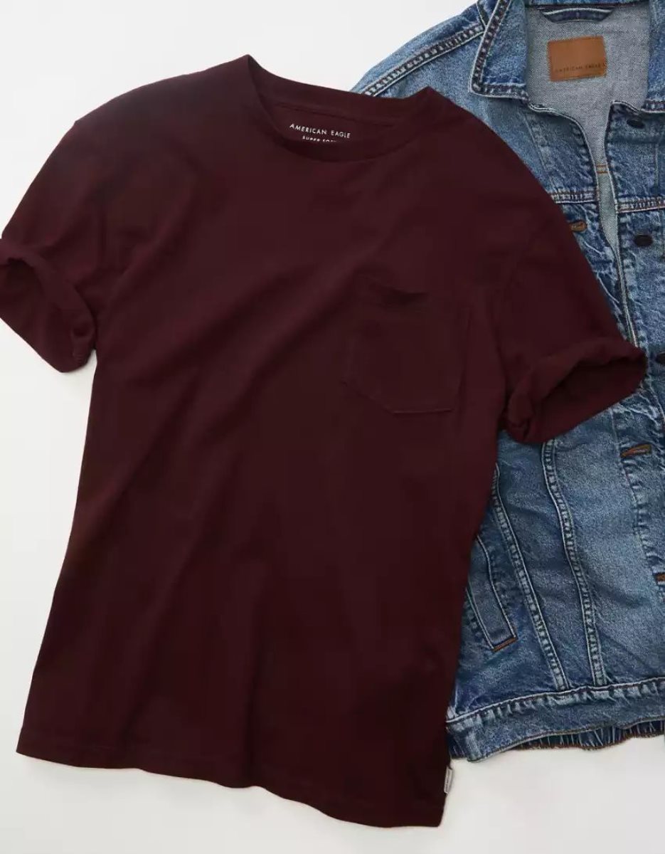 T Shirts American Eagle AE Super Soft Legend Pocket Bordeaux Homme | WCS-44661856